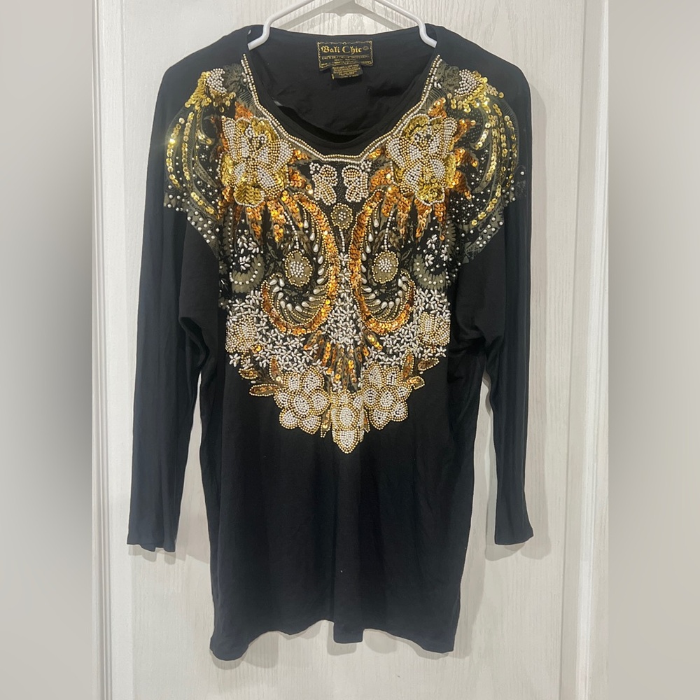 Bali Chic Embellished Black and Gold Women's Top